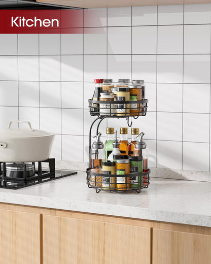 Sakugi Fruit Basket for Kitchen Counter - 2-Tier Large Capacity Fruit Bowl with Detachable Banana Hanger, Rust-Proof Metal Fruit Holder for Vegetables, Bread, Toiletry,10" D x 10" W x 14" H, Black