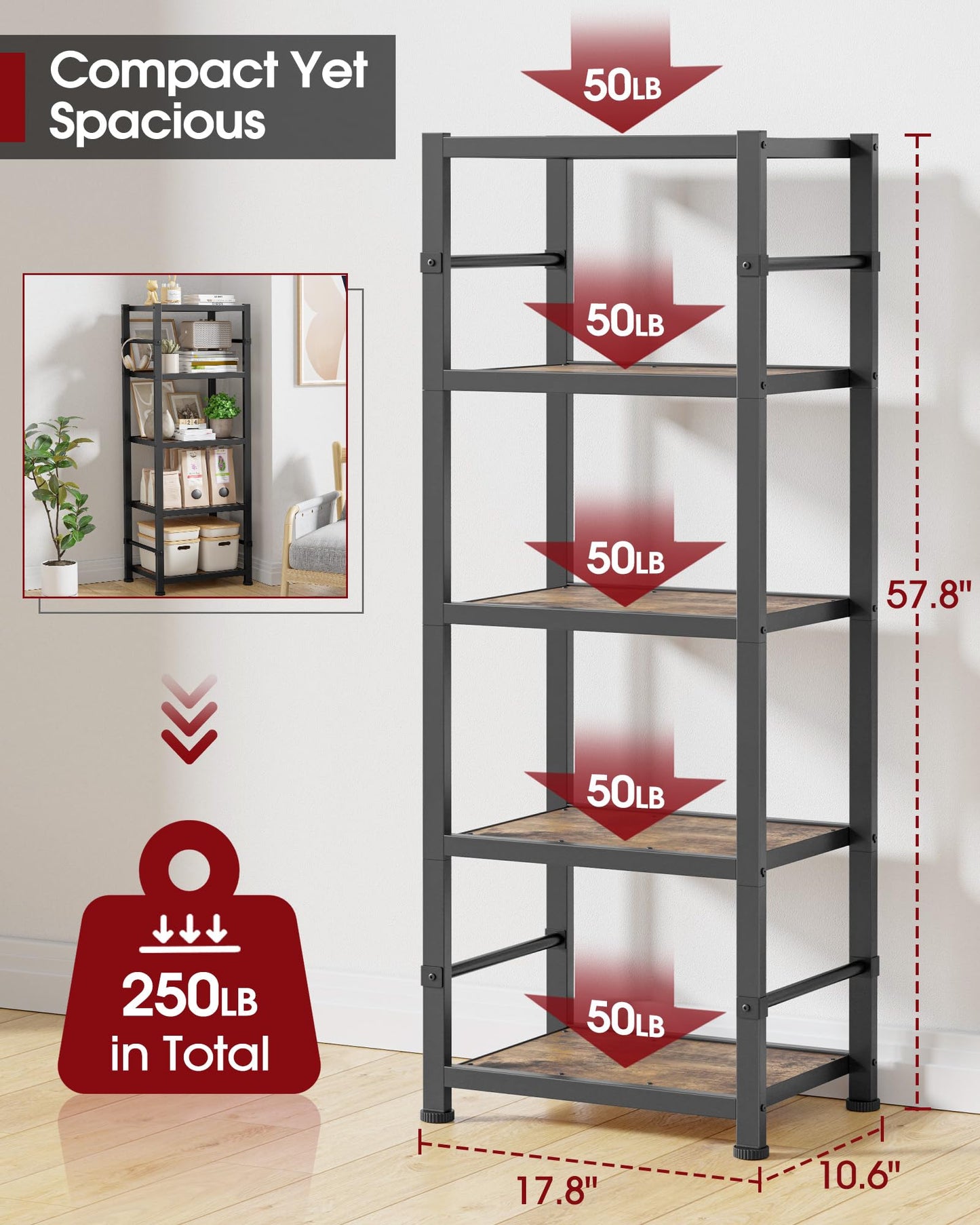 Sakugi Storage Shelves Organizer - 5 Tier Vintage Shelf Organizer with Leveling Feet, Free Standing Garage Shelving Unit with Metal Frame for Living Room, Bedroom, Home Office, 17.8"x10.6"x57.8"