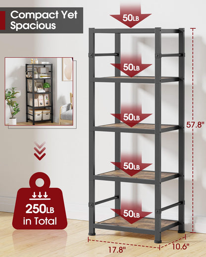 Sakugi Storage Shelves Organizer - 5 Tier Vintage Shelf Organizer with Leveling Feet, Free Standing Garage Shelving Unit with Metal Frame for Living Room, Bedroom, Home Office, 17.8"x10.6"x57.8"