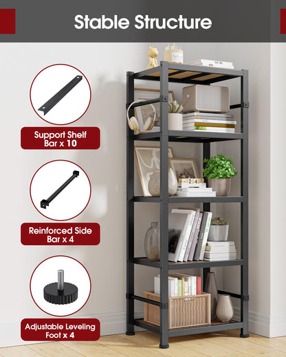 Sakugi Storage Shelves Organizer - 5 Tier Vintage Shelf Organizer with Leveling Feet, Free Standing Garage Shelving Unit with Metal Frame for Living Room, Bedroom, Home Office, 17.8"x10.6"x57.8"
