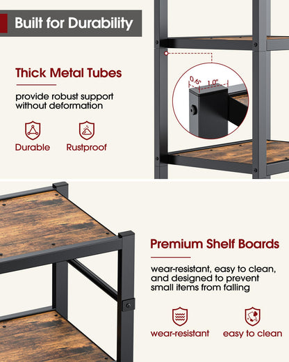 Sakugi Storage Shelves Organizer - 5 Tier Vintage Shelf Organizer with Leveling Feet, Free Standing Garage Shelving Unit with Metal Frame for Living Room, Bedroom, Home Office, 17.8"x10.6"x57.8"