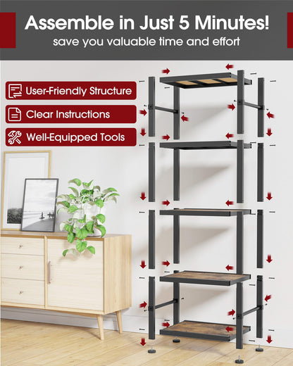 Sakugi Storage Shelves Organizer - 5 Tier Vintage Shelf Organizer with Leveling Feet, Free Standing Garage Shelving Unit with Metal Frame for Living Room, Bedroom, Home Office, 17.8"x10.6"x57.8"