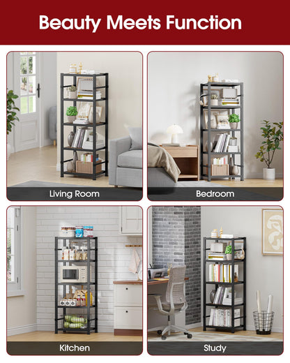 Sakugi Storage Shelves Organizer - 5 Tier Vintage Shelf Organizer with Leveling Feet, Free Standing Garage Shelving Unit with Metal Frame for Living Room, Bedroom, Home Office, 17.8"x10.6"x57.8"