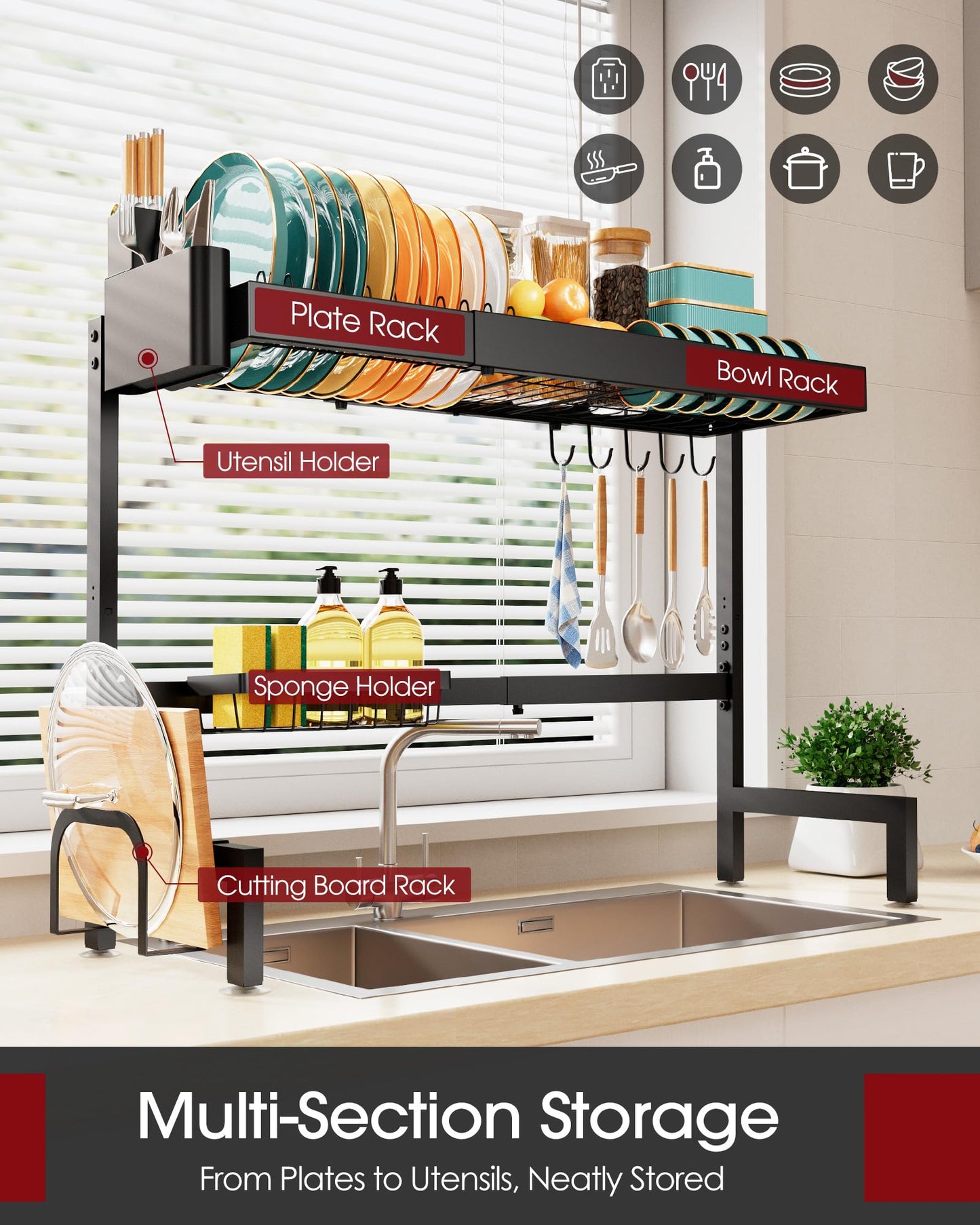 Sakugi Over The Sink Dish Drying Rack, Expandable 2-Tier Stainless Steel Kitchen Storage Organization Accessories for Countertop, Rustproof & Space-Saving, 30"–34.5" L x 12" W x 25" H, Black