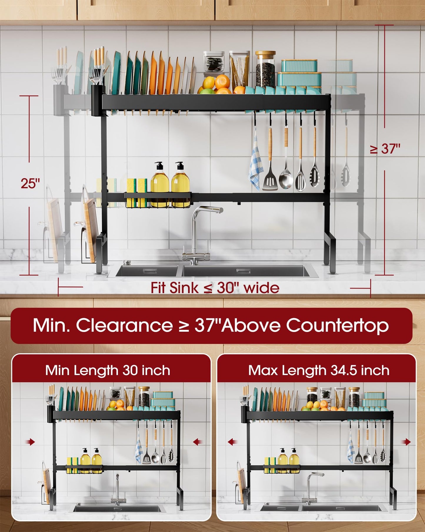 Sakugi Over The Sink Dish Drying Rack, Expandable 2-Tier Stainless Steel Kitchen Storage Organization Accessories for Countertop, Rustproof & Space-Saving, 30"–34.5" L x 12" W x 25" H, Black