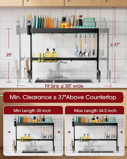 Sakugi Over The Sink Dish Drying Rack, Expandable 2-Tier Stainless Steel Kitchen Storage Organization Accessories for Countertop, Rustproof & Space-Saving, 30"–34.5" L x 12" W x 25" H, Black