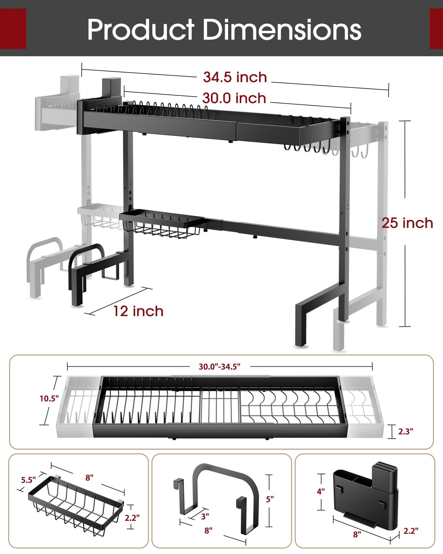 Sakugi Over The Sink Dish Drying Rack, Expandable 2-Tier Stainless Steel Kitchen Storage Organization Accessories for Countertop, Rustproof & Space-Saving, 30"–34.5" L x 12" W x 25" H, Black