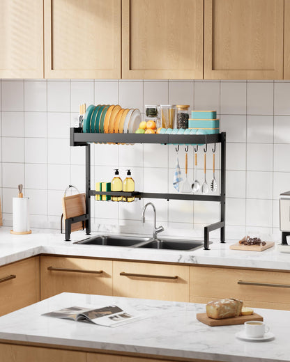 Sakugi Over The Sink Dish Drying Rack, Expandable 2-Tier Stainless Steel Kitchen Storage Organization Accessories for Countertop, Rustproof & Space-Saving, 30"–34.5" L x 12" W x 25" H, Black