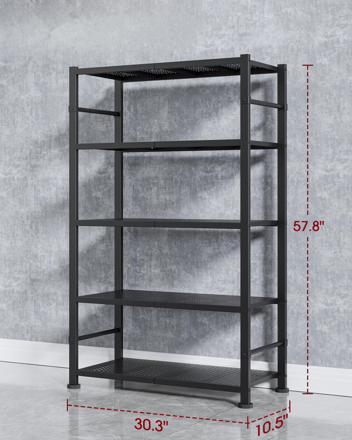 Sakugi Storage Shelves - 5-Tier Reinforced Sturdy Shelf Organizer, Tough Garage Shelving Organizer with Leveling Feet for Basement, Warehouse, Workshop, 30.3" × 10.5" × 57.8", Black