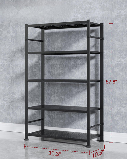 Sakugi Storage Shelves - 5-Tier Reinforced Sturdy Shelf Organizer, Tough Garage Shelving Organizer with Leveling Feet for Basement, Warehouse, Workshop, 30.3" × 10.5" × 57.8", Black