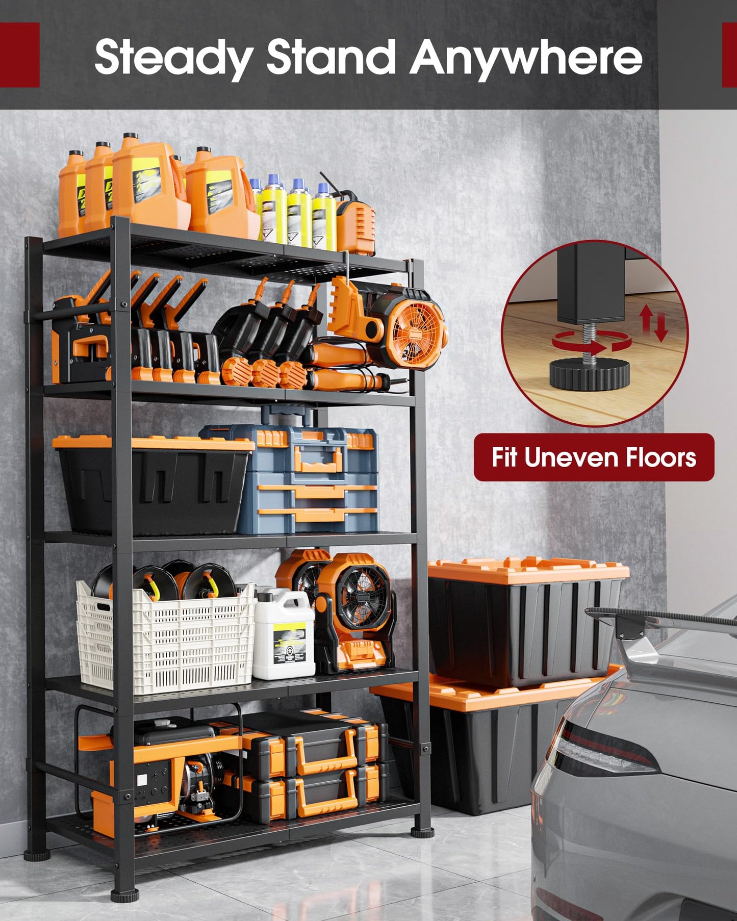 Sakugi Storage Shelves - 5-Tier Reinforced Sturdy Shelf Organizer, Tough Garage Shelving Organizer with Leveling Feet for Basement, Warehouse, Workshop, 30.3" × 10.5" × 57.8", Black