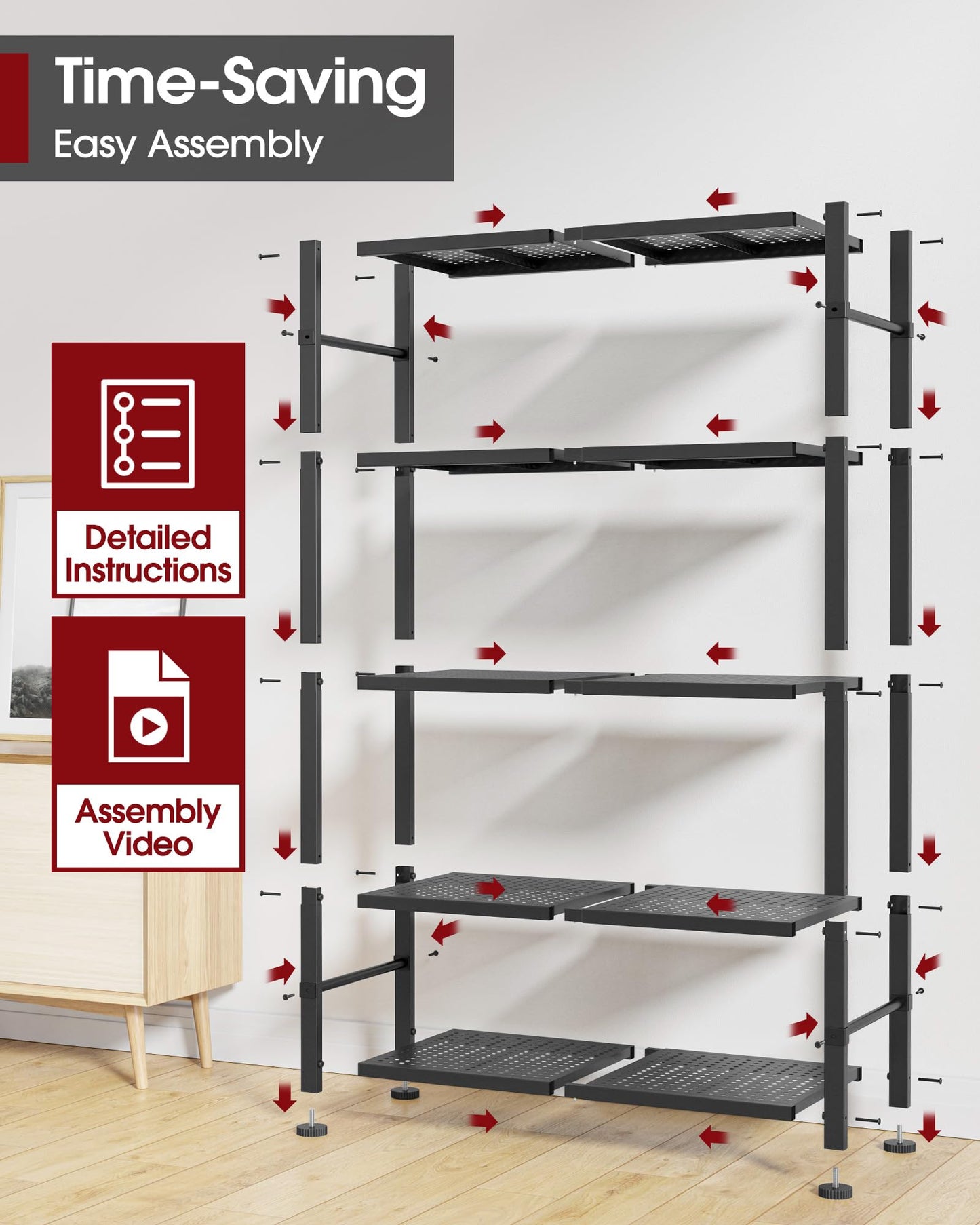 Sakugi Storage Shelves - 5-Tier Reinforced Sturdy Shelf Organizer, Tough Garage Shelving Organizer with Leveling Feet for Basement, Warehouse, Workshop, 30.3" × 10.5" × 57.8", Black