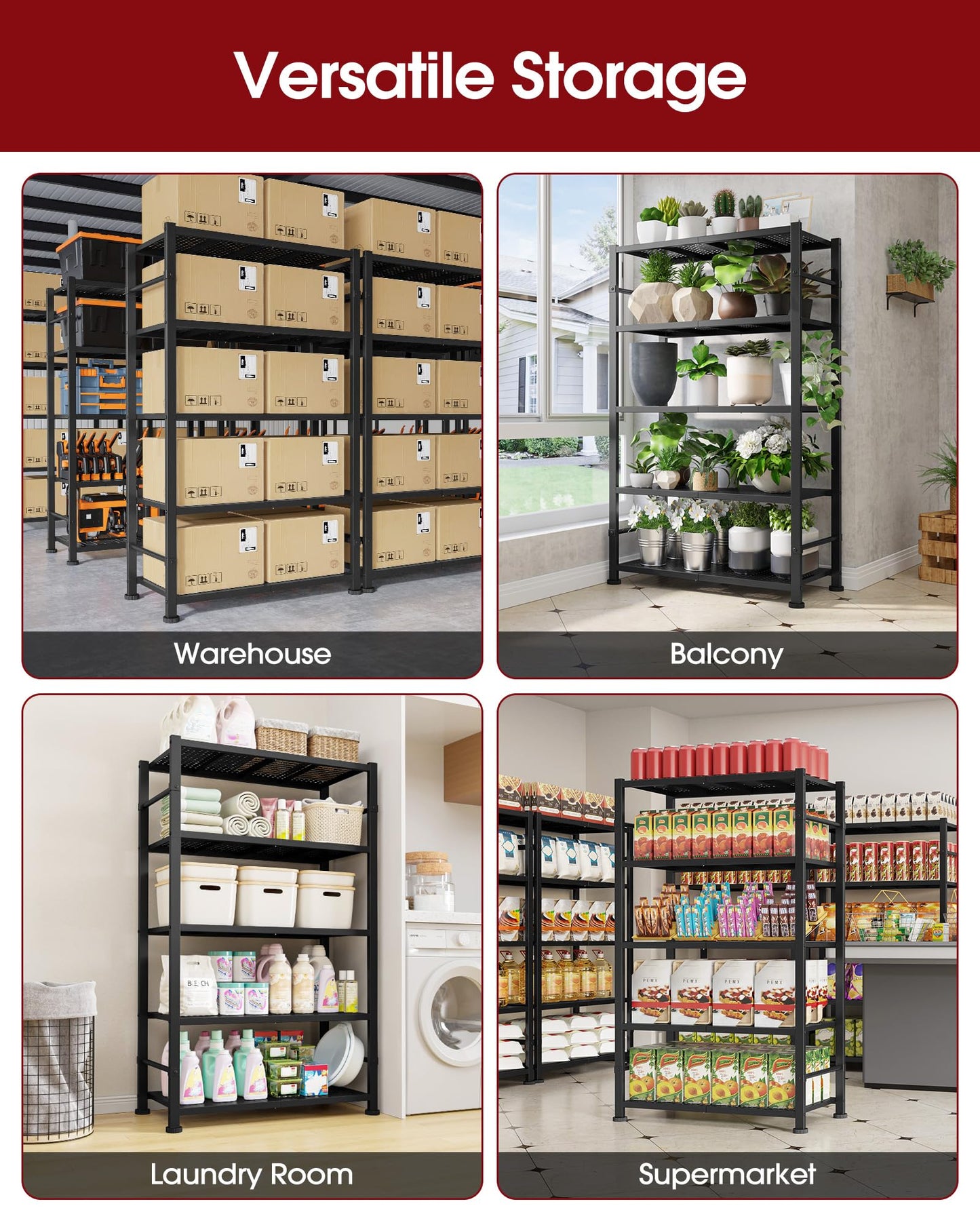 Sakugi Storage Shelves - 5-Tier Reinforced Sturdy Shelf Organizer, Tough Garage Shelving Organizer with Leveling Feet for Basement, Warehouse, Workshop, 30.3" × 10.5" × 57.8", Black