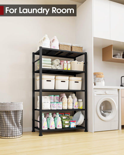 Sakugi Storage Shelves - 5-Tier Reinforced Sturdy Shelf Organizer, Tough Garage Shelving Organizer with Leveling Feet for Basement, Warehouse, Workshop, 30.3" × 10.5" × 57.8", Black