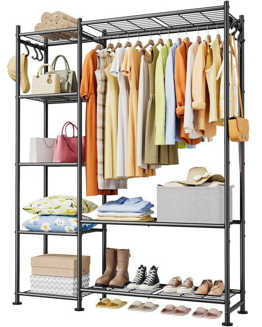 Sakugi Closet Organizers and Storage - Free-Standing Clothes Rack with Leveling Feet & Wall-Anchor Straps, Wardrobe Closet with 6 Hooks for Bedroom, Living Room, Laundry, 48.8"×12.6"×62.2", Black
