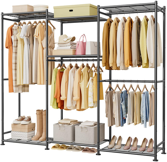 Sakugi Clothes Rack - Freestanding Wardrobe Closet Organizer with 7 Shelves & 4 Hanging Rods, Metal Clothing Rack for Bedroom, Laundry Room, or Apartment (Black, 63" W × 12.6" D × 77.7" H)
