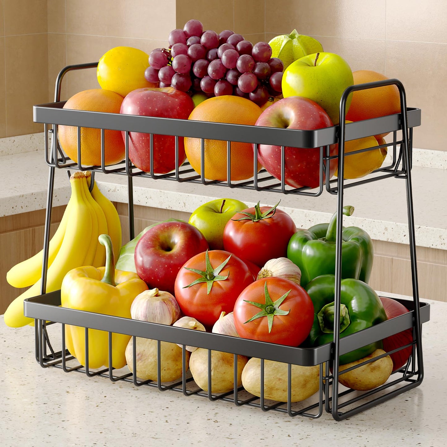 Sakugi Fruit Basket for Kitchen Counter - 2-Tier Fruit Bowl with Removable Banana Hanger & Handles, Rustproof Fruit Holder for Kitchen, Living Room, Bathroom, 13.4"×8.7"×11.7", Black