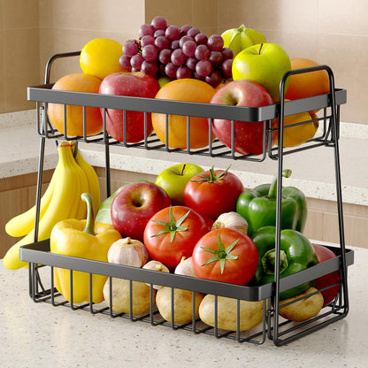 Sakugi Fruit Basket for Kitchen Counter - 2-Tier Fruit Bowl with Removable Banana Hanger & Handles, Rustproof Fruit Holder for Kitchen, Living Room, Bathroom, 13.4"×8.7"×11.7", Black