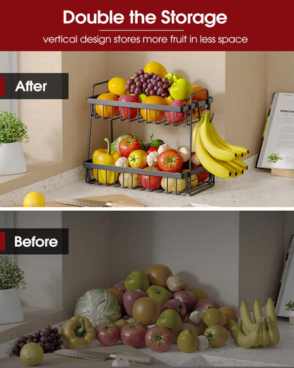 Sakugi Fruit Basket for Kitchen Counter - 2-Tier Fruit Bowl with Removable Banana Hanger & Handles, Rustproof Fruit Holder for Kitchen, Living Room, Bathroom, 13.4"×8.7"×11.7", Black