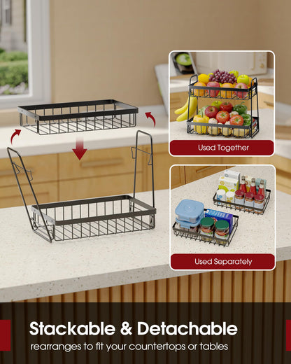 Sakugi Fruit Basket for Kitchen Counter - 2-Tier Fruit Bowl with Removable Banana Hanger & Handles, Rustproof Fruit Holder for Kitchen, Living Room, Bathroom, 13.4"×8.7"×11.7", Black