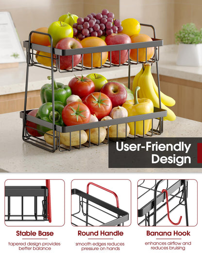 Sakugi Fruit Basket for Kitchen Counter - 2-Tier Fruit Bowl with Removable Banana Hanger & Handles, Rustproof Fruit Holder for Kitchen, Living Room, Bathroom, 13.4"×8.7"×11.7", Black