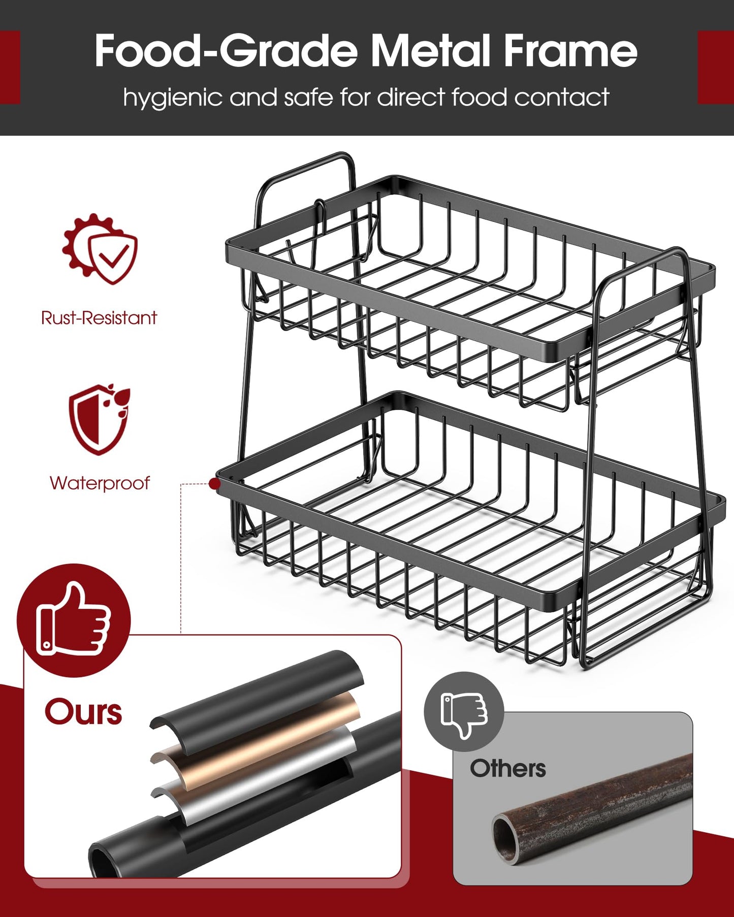 Sakugi Fruit Basket for Kitchen Counter - 2-Tier Fruit Bowl with Removable Banana Hanger & Handles, Rustproof Fruit Holder for Kitchen, Living Room, Bathroom, 13.4"×8.7"×11.7", Black
