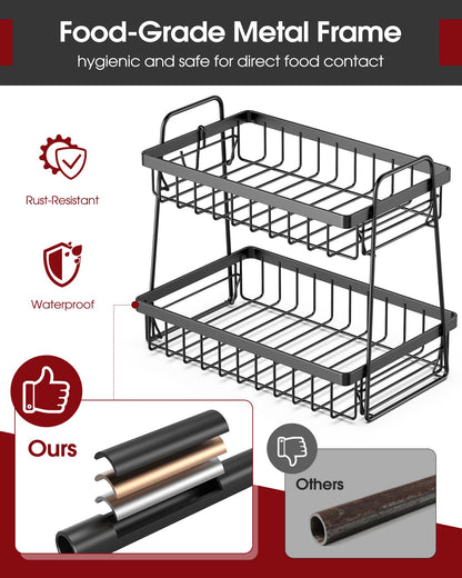 Sakugi Fruit Basket for Kitchen Counter - 2-Tier Fruit Bowl with Removable Banana Hanger & Handles, Rustproof Fruit Holder for Kitchen, Living Room, Bathroom, 13.4"×8.7"×11.7", Black