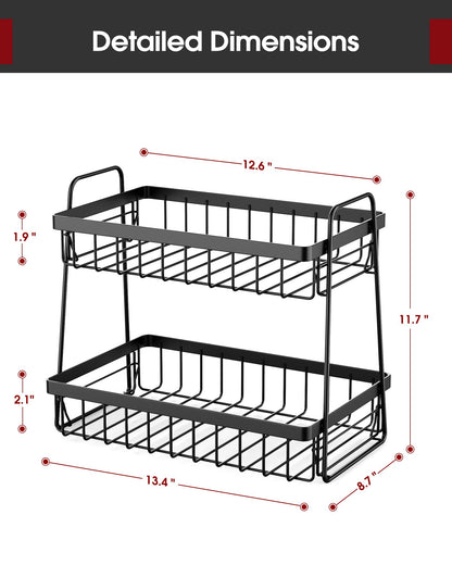 Sakugi Fruit Basket for Kitchen Counter - 2-Tier Fruit Bowl with Removable Banana Hanger & Handles, Rustproof Fruit Holder for Kitchen, Living Room, Bathroom, 13.4"×8.7"×11.7", Black