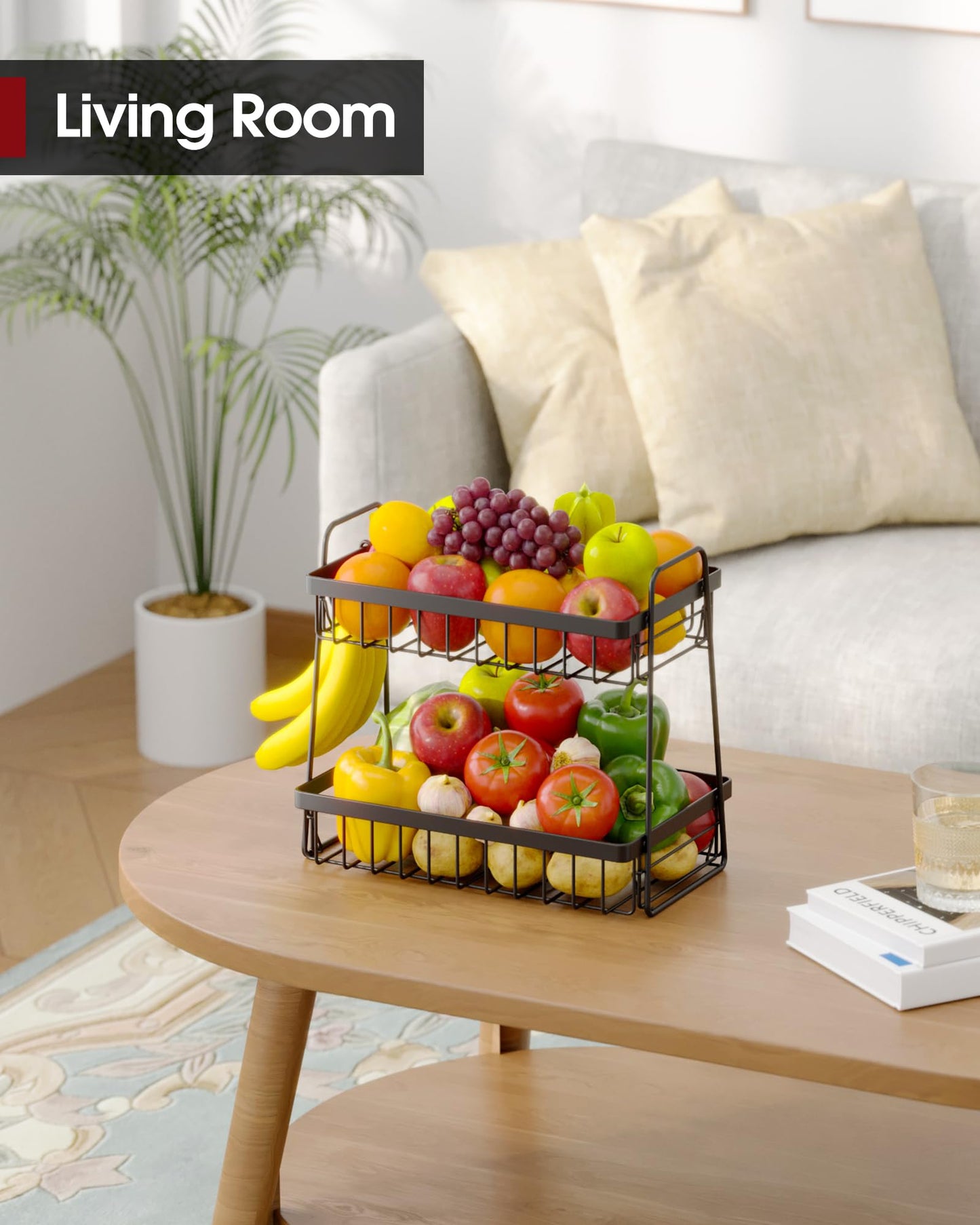 Sakugi Fruit Basket for Kitchen Counter - 2-Tier Fruit Bowl with Removable Banana Hanger & Handles, Rustproof Fruit Holder for Kitchen, Living Room, Bathroom, 13.4"×8.7"×11.7", Black