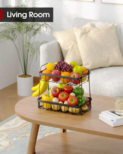Sakugi Fruit Basket for Kitchen Counter - 2-Tier Fruit Bowl with Removable Banana Hanger & Handles, Rustproof Fruit Holder for Kitchen, Living Room, Bathroom, 13.4"×8.7"×11.7", Black