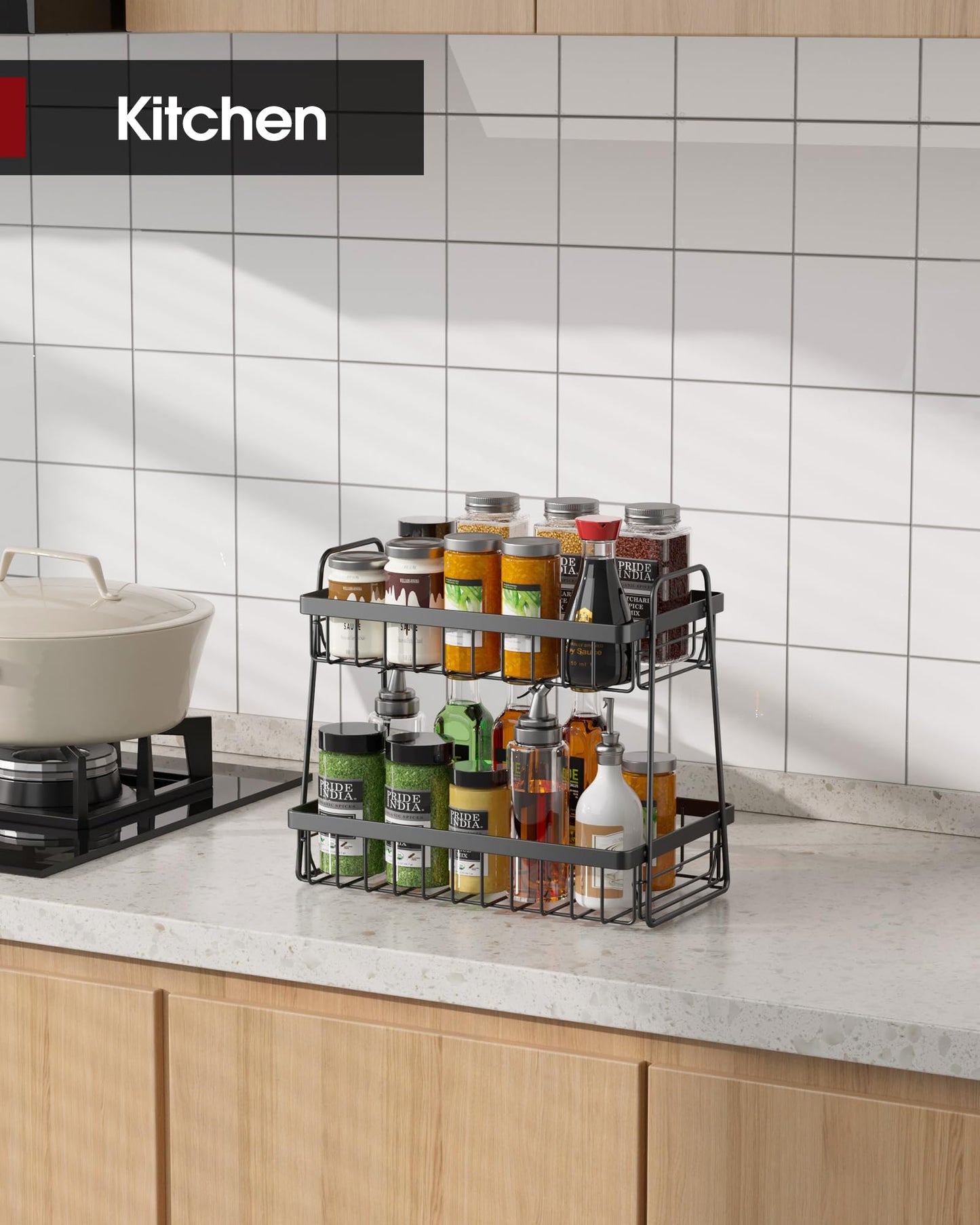 Sakugi Fruit Basket for Kitchen Counter - 2-Tier Fruit Bowl with Removable Banana Hanger & Handles, Rustproof Fruit Holder for Kitchen, Living Room, Bathroom, 13.4"×8.7"×11.7", Black