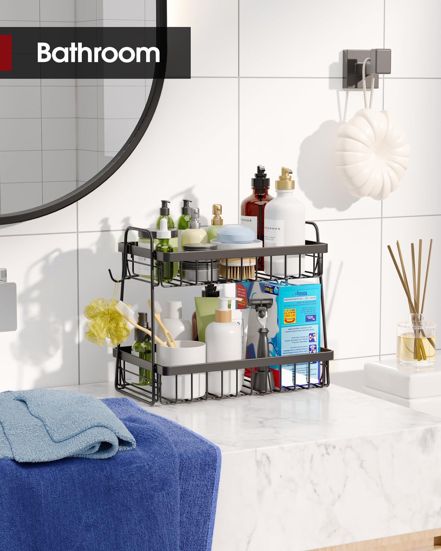 Sakugi Fruit Basket for Kitchen Counter - 2-Tier Fruit Bowl with Removable Banana Hanger & Handles, Rustproof Fruit Holder for Kitchen, Living Room, Bathroom, 13.4"×8.7"×11.7", Black