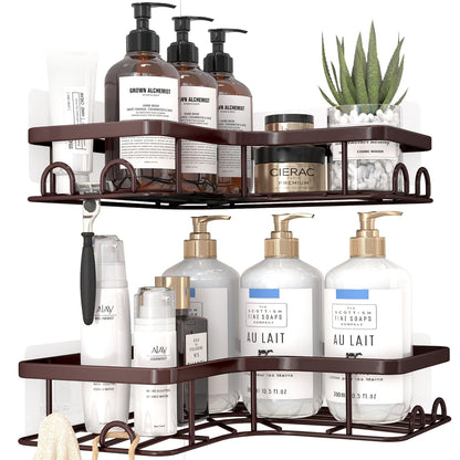 Sakugi Corner Shower Caddy - 2 Pack, Adhesive Shower Organizers, Rustproof Stainless Steel Shower Shelves with 8 Hooks, No Drilling Bathroom Organizers and Storage Racks, Space-Saving, Black,Medium