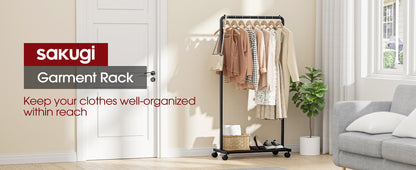 Sakugi Clothes Rack - Clothing Rack with Storage Mesh Shelf & Casters, Heavy-Duty Metal Clothing Rack for Hanging Clothes, Dresses, Coats, Large Load Capacity, Easy Assembly, Black, 28.0"x14.0"x59.0"