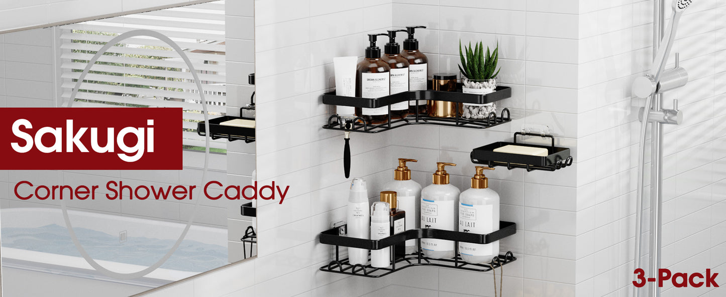 Sakugi Corner Shower Caddy - 3-Pack Shower Organizer with Soap Holder & Built-In Hooks, Rustproof Metal Shower Shelves, Laundry, Kitchen, Bathroom Organizers and Storage Solution, Large, Black