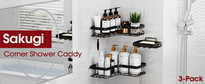 Sakugi Corner Shower Caddy - 3-Pack Shower Organizer with Soap Holder & Built-In Hooks, Rustproof Metal Shower Shelves, Laundry, Kitchen, Bathroom Organizers and Storage Solution, Large, Black