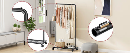 Sakugi Clothes Rack - Clothing Rack with Storage Mesh Shelf & Casters, Heavy-Duty Metal Clothing Rack for Hanging Clothes, Dresses, Coats, Large Load Capacity, Easy Assembly, Black, 28.0"x14.0"x59.0"