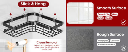 Sakugi Corner Shower Caddy - 3-Pack Shower Organizer with Soap Holder & Built-In Hooks, Rustproof Metal Shower Shelves, Laundry, Kitchen, Bathroom Organizers and Storage Solution, Large, Black