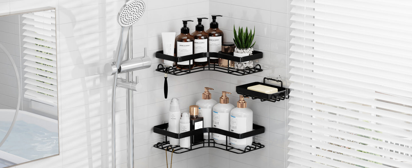 Sakugi Corner Shower Caddy - 3-Pack Shower Organizer with Soap Holder & Built-In Hooks, Rustproof Metal Shower Shelves, Laundry, Kitchen, Bathroom Organizers and Storage Solution, Large, Black