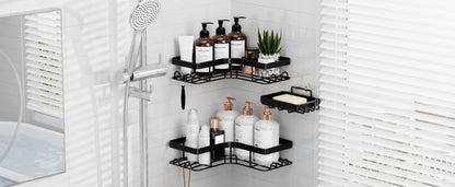 Sakugi Corner Shower Caddy - 3-Pack Shower Organizer with Soap Holder & Built-In Hooks, Rustproof Metal Shower Shelves, Laundry, Kitchen, Bathroom Organizers and Storage Solution, Large, Black