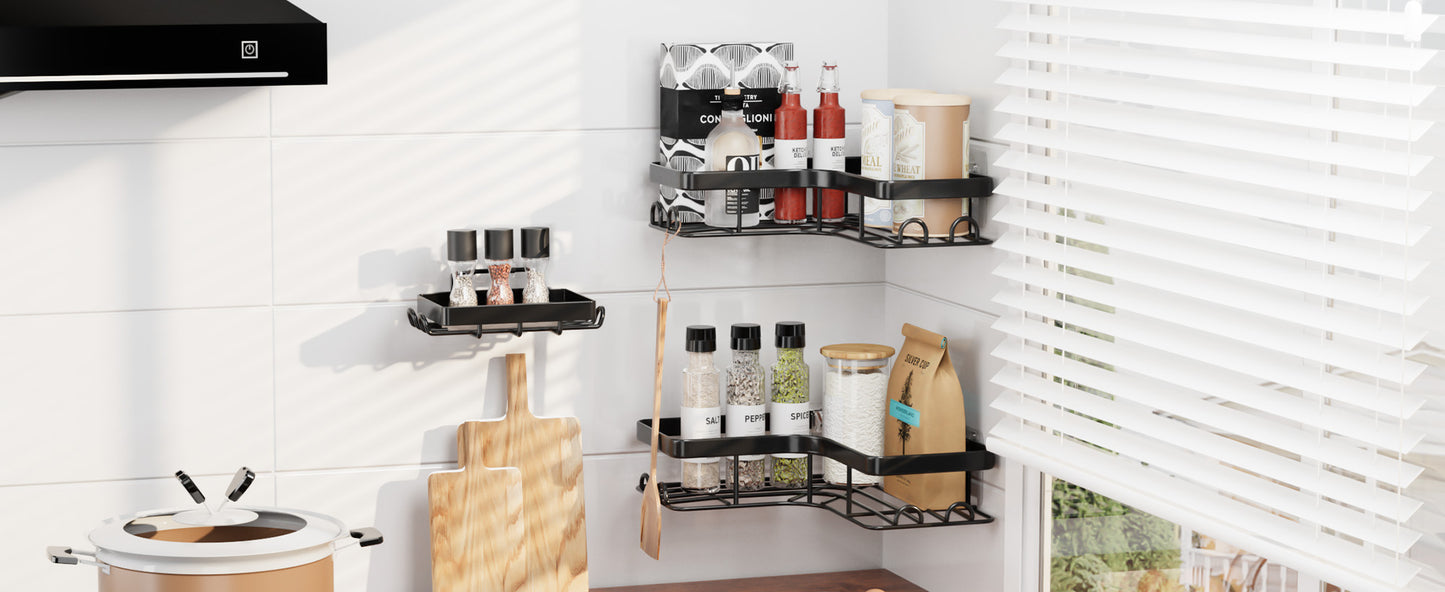 Sakugi Corner Shower Caddy - 3-Pack Shower Organizer with Soap Holder & Built-In Hooks, Rustproof Metal Shower Shelves, Laundry, Kitchen, Bathroom Organizers and Storage Solution, Large, Black