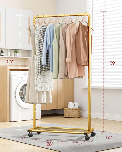 Sakugi Clothes Rack - Clothing Rack with Storage Mesh Shelf & Casters, Heavy-Duty Metal Clothing Rack for Hanging Clothes, Dresses, Coats, Large Load Capacity, Easy Assembly, Black, 28.0"x14.0"x59.0"