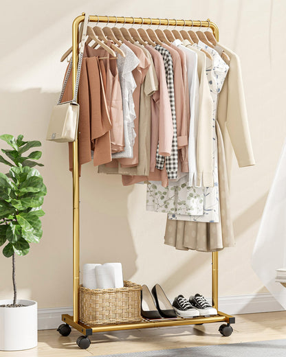 Sakugi Clothes Rack - Clothing Rack with Storage Mesh Shelf & Casters, Heavy-Duty Metal Clothing Rack for Hanging Clothes, Dresses, Coats, Large Load Capacity, Easy Assembly, Black, 28.0"x14.0"x59.0"