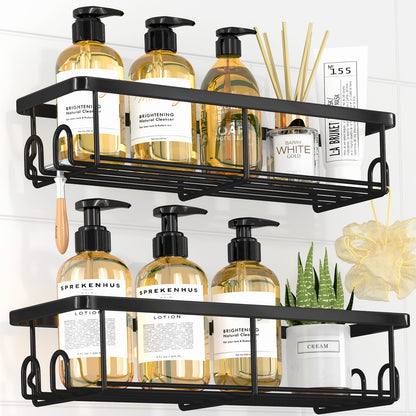 Sakugi Shower Caddy- 2 Pack, Adhesive Shower Organizer with Hooks, Rustproof Stainless Steel Shower Shelves for Bathroom, Inside Shower, Kitchen & Bedroom, Bathroom Organizers No Drilling, Black