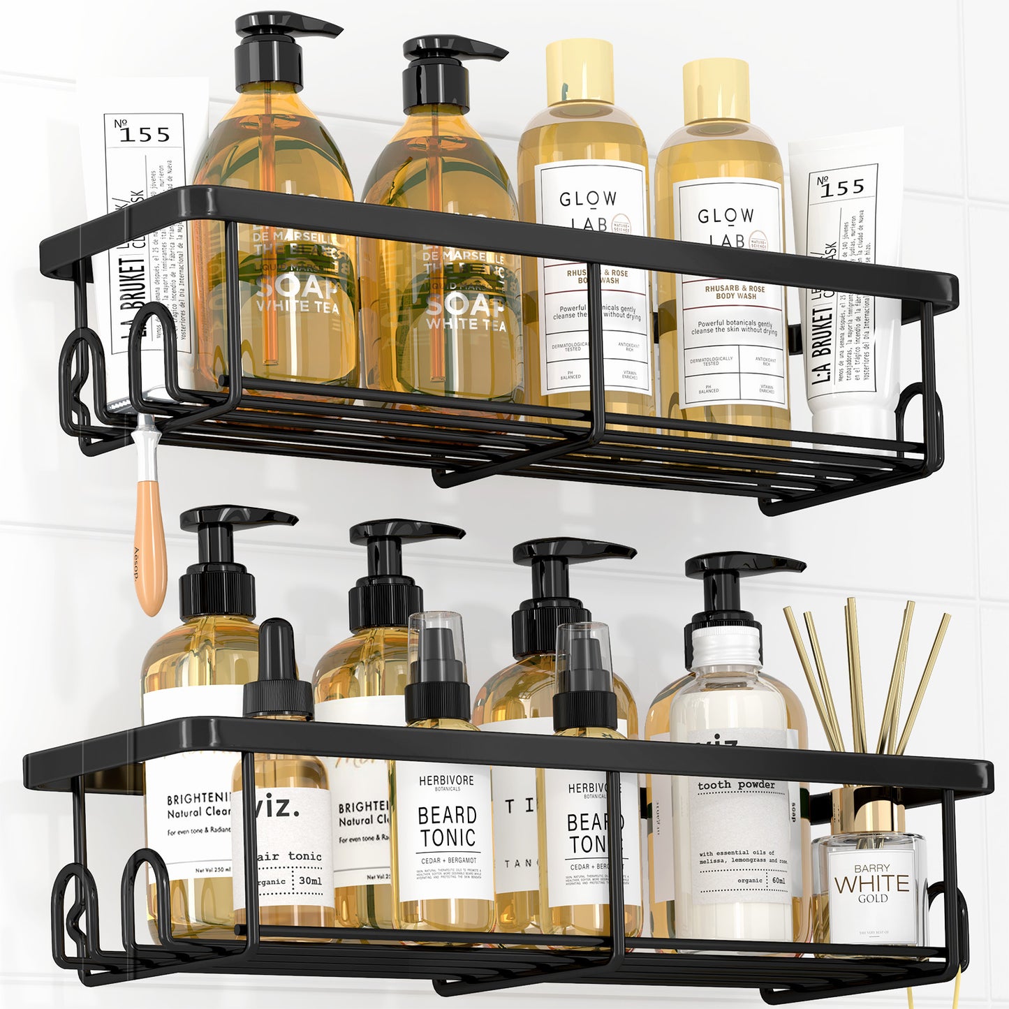 Sakugi Shower Caddy- 2 Pack, Adhesive Shower Organizer with Hooks, Rustproof Stainless Steel Shower Shelves for Bathroom, Inside Shower, Kitchen & Bedroom, Bathroom Organizers No Drilling, Black