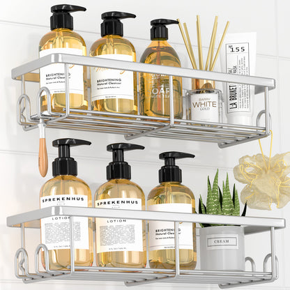Sakugi Shower Caddy- 2 Pack, Adhesive Shower Organizer with Hooks, Rustproof Stainless Steel Shower Shelves for Bathroom, Inside Shower, Kitchen & Bedroom, Bathroom Organizers No Drilling, Black