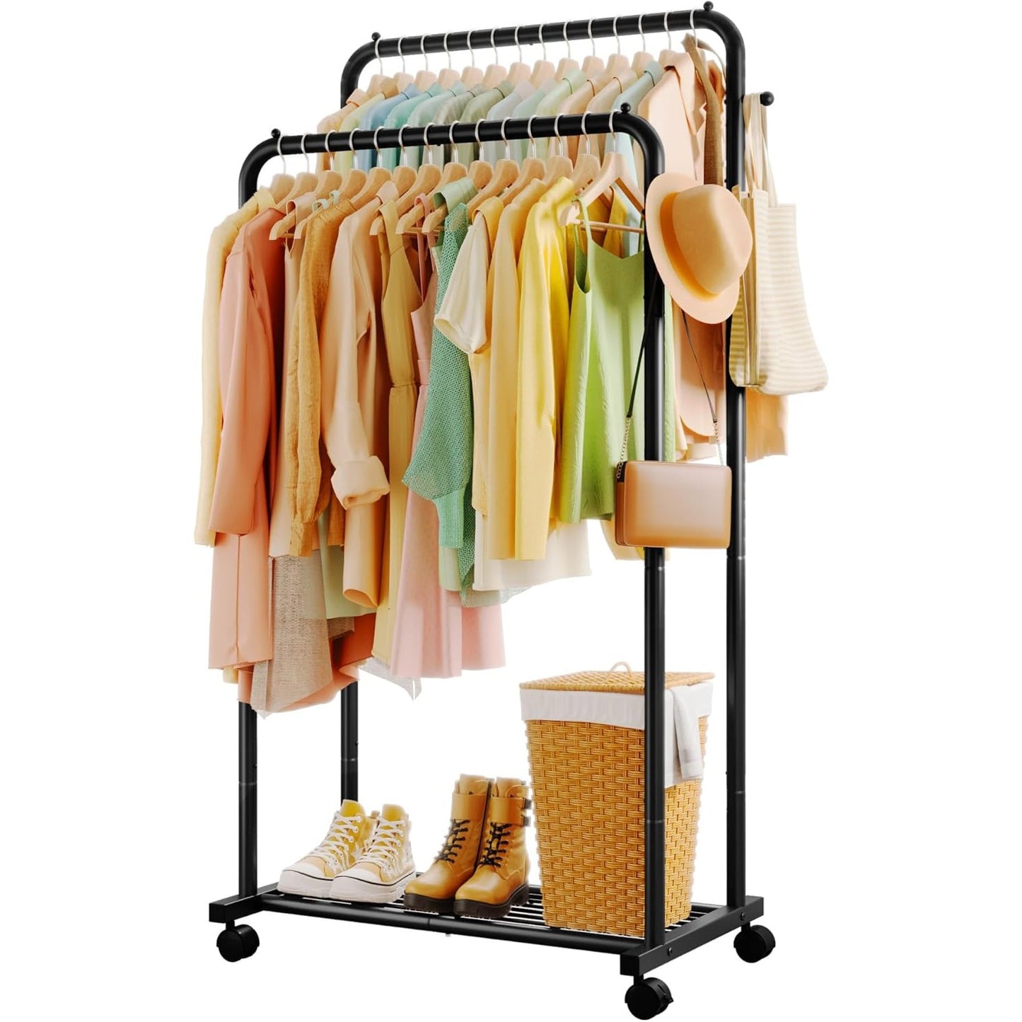 Sakugi Clothes Rack - Double Rods Clothing Rack with Mesh Shelf, Hooks & Wheels, Metal Clothing Racks for Hanging Clothes & Bags, Multifunctional Garment Rack for Laundry, Black, 28.7" x 16.5" x 59.1"