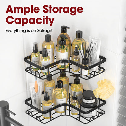 Sakugi Corner Shower Caddy - 2 Pack, Adhesive Shower Organizers, Rustproof Stainless Steel Shower Shelves with 8 Hooks, No Drilling Bathroom Organizers and Storage Racks, Space-Saving, Black