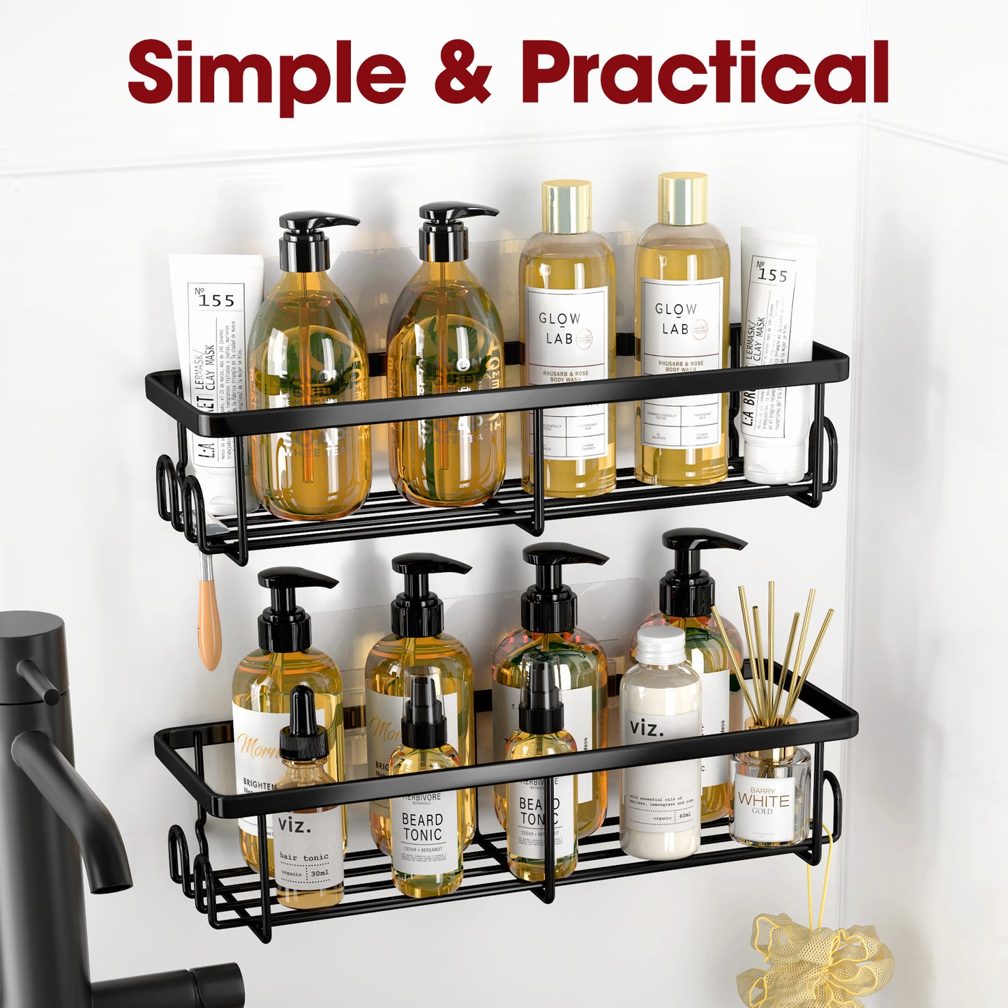 Sakugi Shower Caddy- 2 Pack, Adhesive Shower Organizer with Hooks, Rustproof Stainless Steel Shower Shelves for Bathroom, Inside Shower, Kitchen & Bedroom, Bathroom Organizers No Drilling, Black