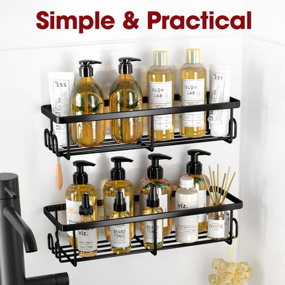 Sakugi Shower Caddy- 2 Pack, Adhesive Shower Organizer with Hooks, Rustproof Stainless Steel Shower Shelves for Bathroom, Inside Shower, Kitchen & Bedroom, Bathroom Organizers No Drilling, Black